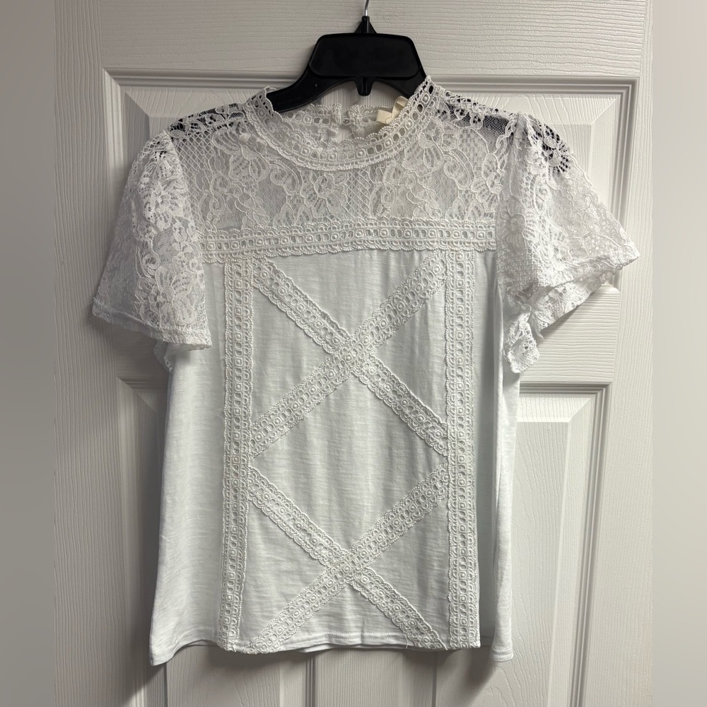 NWT Ella Mara Anthropologie Ivory Cotton Blend Lace Short Sleeve Top Size Small